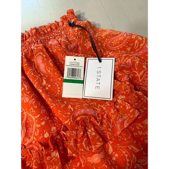1.State Orange Paisley Print Tiered Mini Skirt with Ruffle Hem & Elastic S - Picture 3 of 8